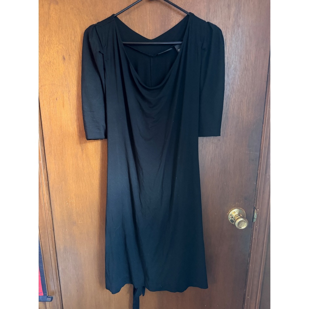 New York & Company Black Cowl Neck Puff Shoulder Knit Dress with Back Tie Large